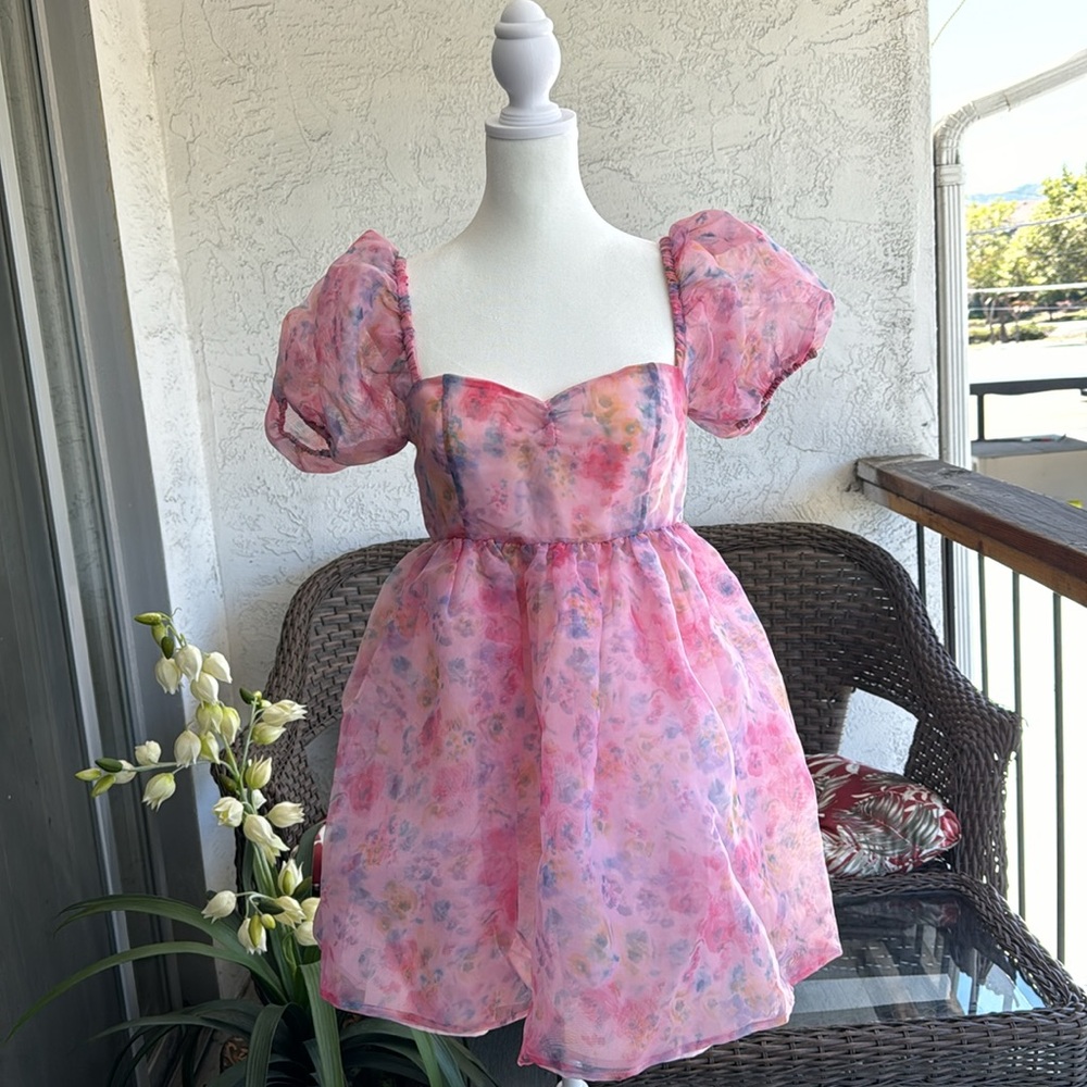Sugar Thrillz Women’s Pink and Blue Floral Short Sleeves Short Dress Sze Small